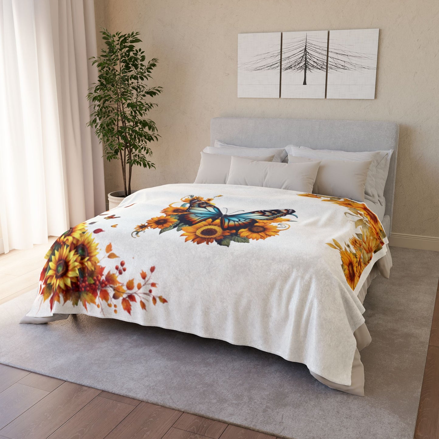 Butterfly and Sunflower Blanket - Cozy Home Decor, Gift for Nature Lovers, Living Room Soft Throw, Birthday Present, Autumn Aesthetic
