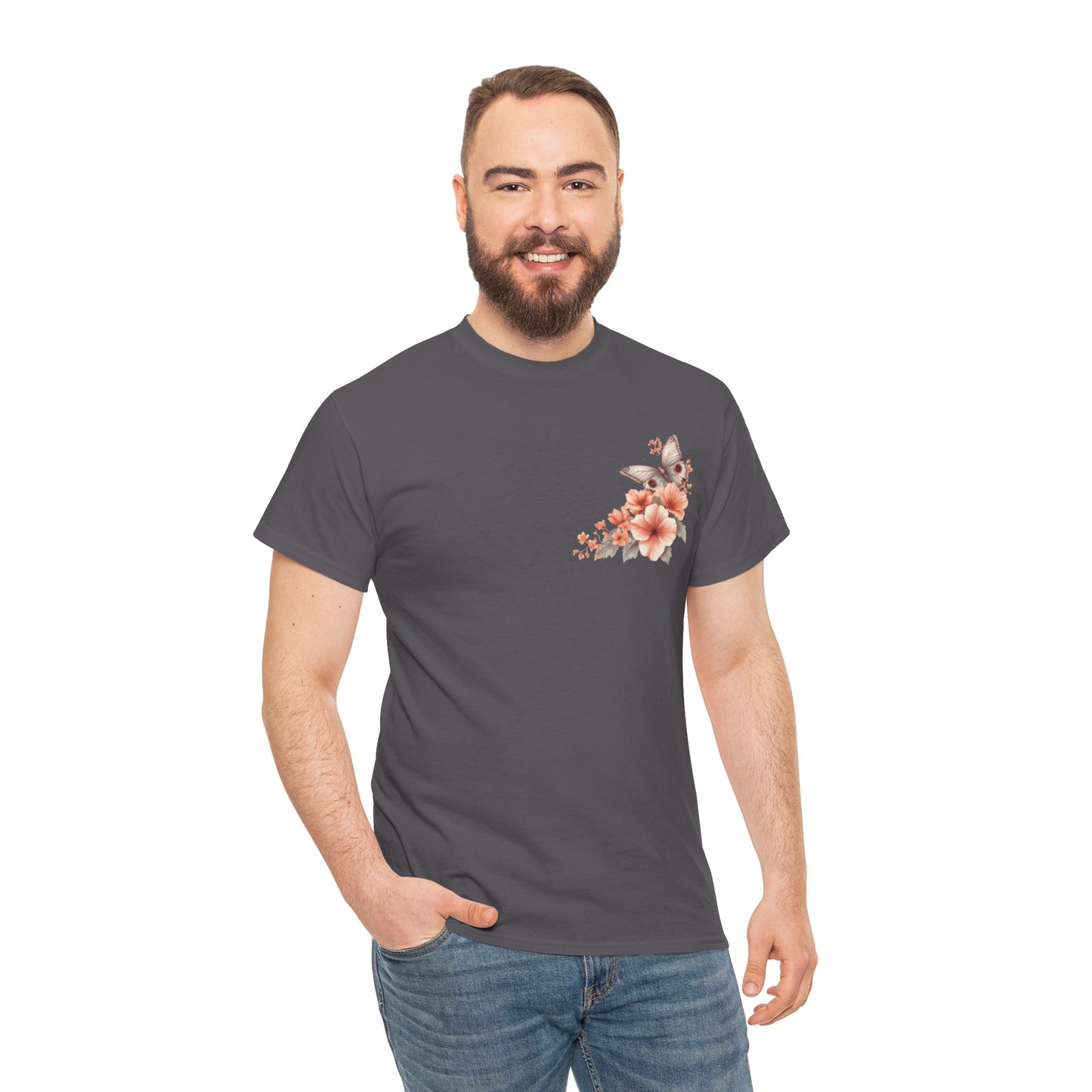 Inspirational Floral Tee - Unisex Heavy Cotton T-Shirt, Motivational Gift, Nature Lover's Apparel, Butterfly Design, Positive Quote