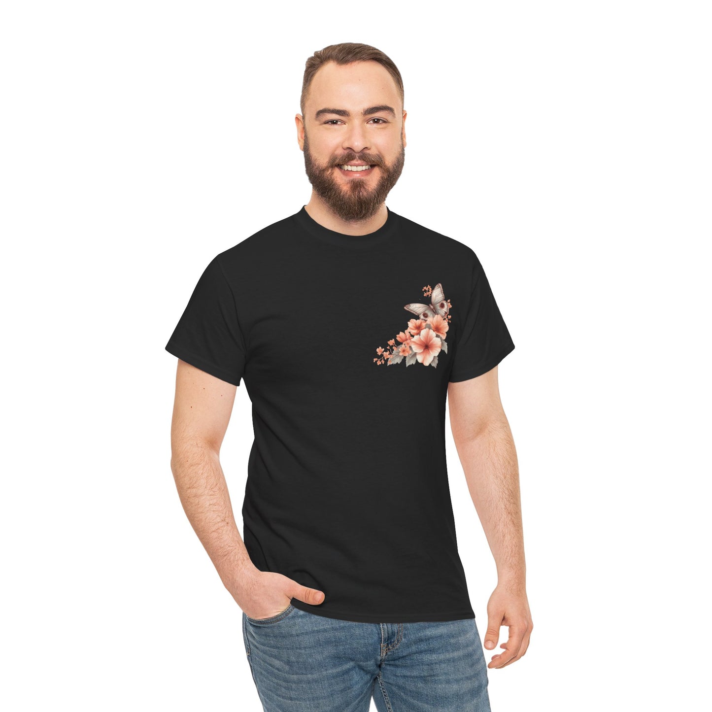 Inspirational Floral Tee - Unisex Heavy Cotton T-Shirt, Motivational Gift, Nature Lover's Apparel, Butterfly Design, Positive Quote