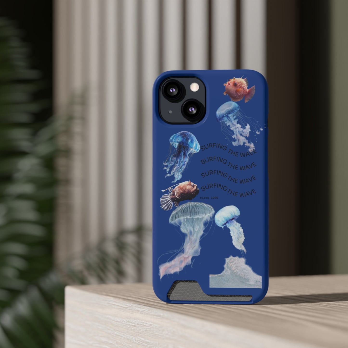 Surfer's Jellyfish Phone Case with Card Holder, Ocean Vibe Accessory for Beach Lovers, Gift for Surfers & Underwater Enthusiasts