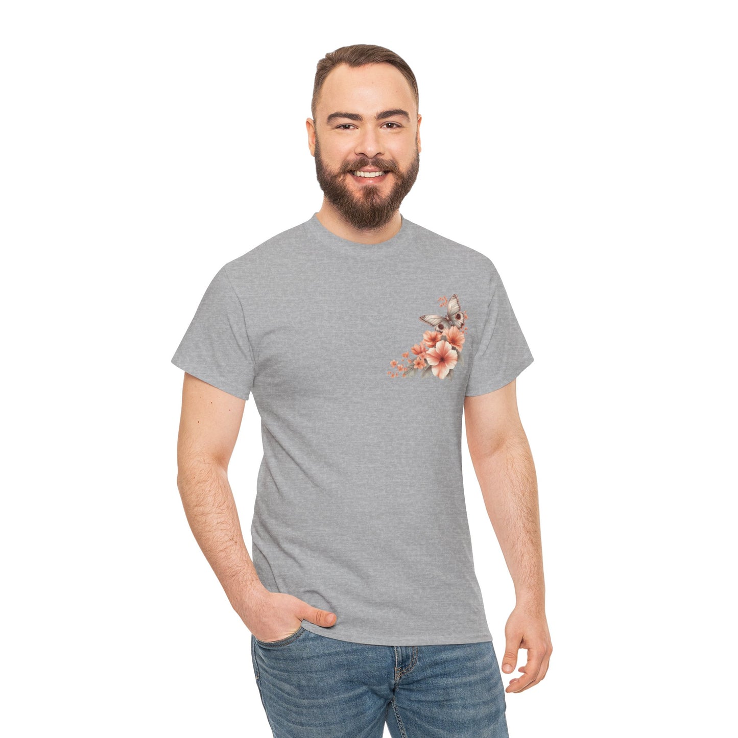Inspirational Floral Tee - Unisex Heavy Cotton T-Shirt, Motivational Gift, Nature Lover's Apparel, Butterfly Design, Positive Quote