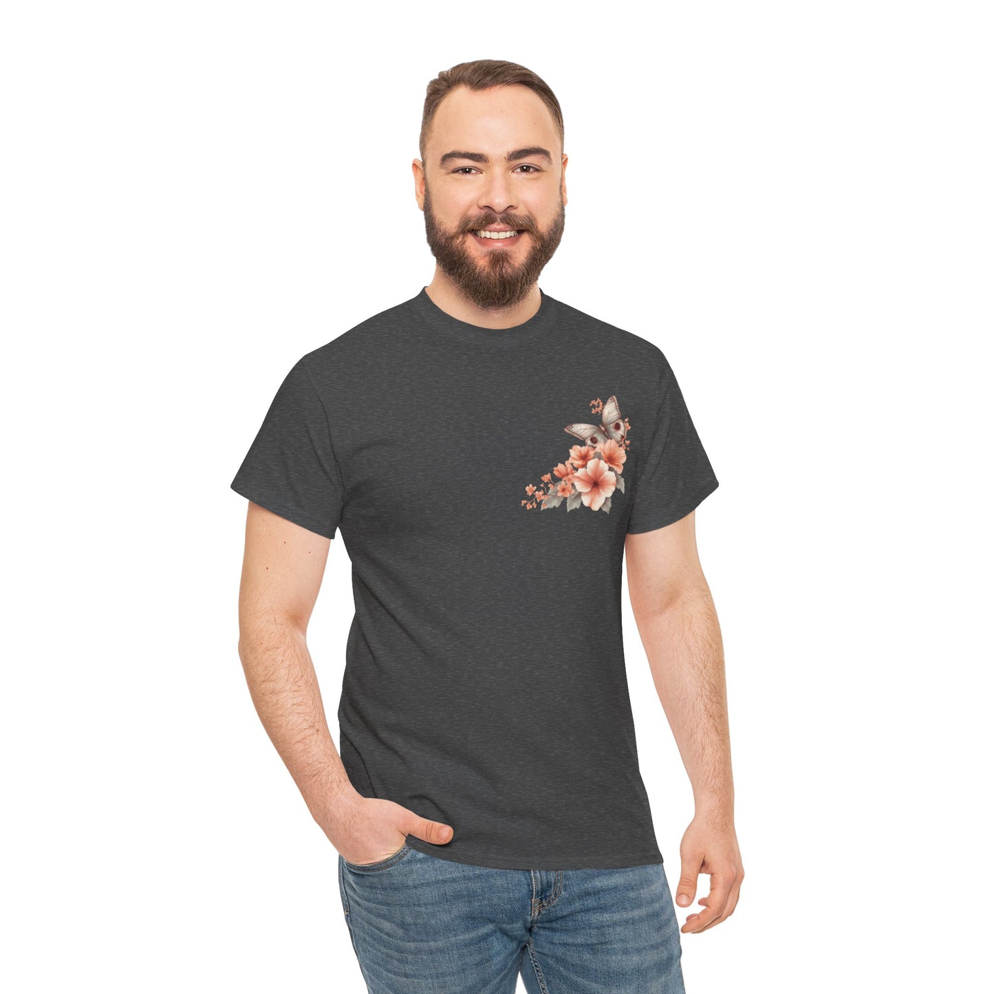Inspirational Floral Tee - Unisex Heavy Cotton T-Shirt, Motivational Gift, Nature Lover's Apparel, Butterfly Design, Positive Quote