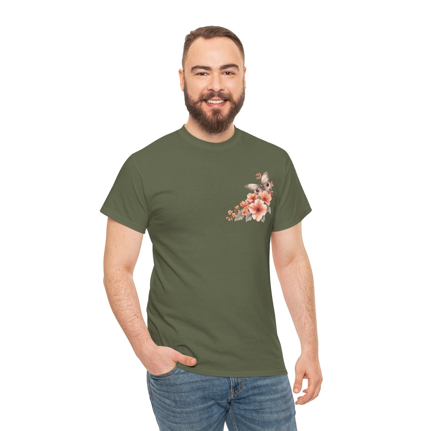 Inspirational Floral Tee - Unisex Heavy Cotton T-Shirt, Motivational Gift, Nature Lover's Apparel, Butterfly Design, Positive Quote