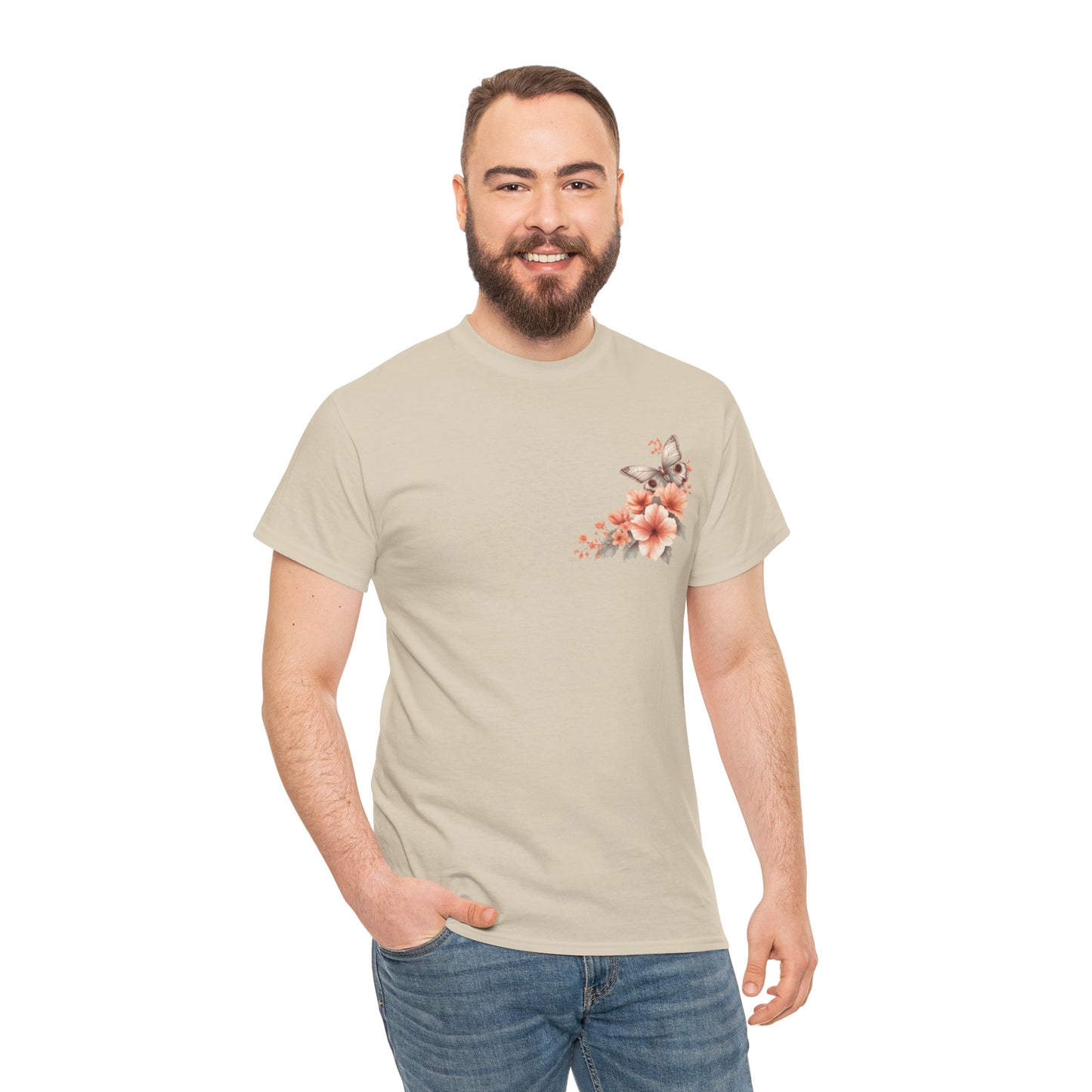 Inspirational Floral Tee - Unisex Heavy Cotton T-Shirt, Motivational Gift, Nature Lover's Apparel, Butterfly Design, Positive Quote