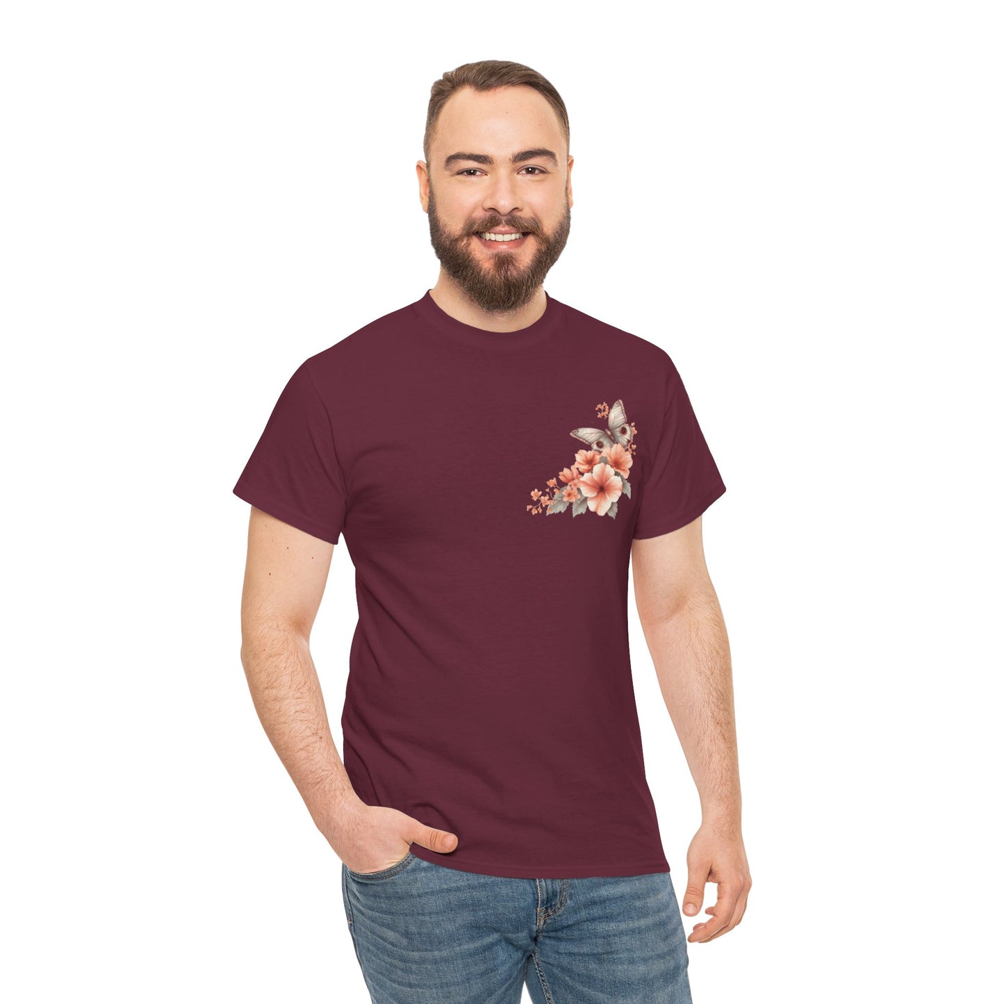 Inspirational Floral Tee - Unisex Heavy Cotton T-Shirt, Motivational Gift, Nature Lover's Apparel, Butterfly Design, Positive Quote